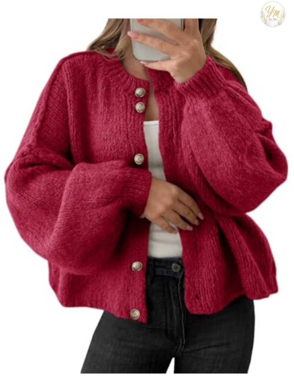 Oversized Chunky Knit Cardigan Button Up Lantern Sleeve Sweater Coat